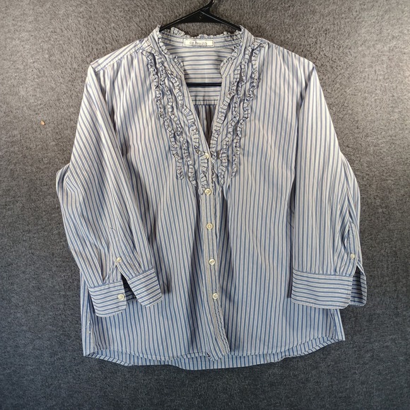 G.H. Bass & Co. Tops - GH Bass Blouse Women Frilled V Neck Button Down Mid Sleeve Striped Blue/White